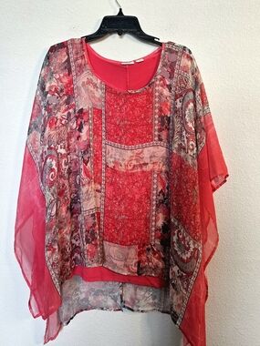 Cato CoralPaisley Sheer Layered Tunic